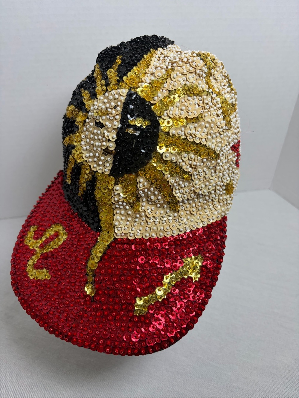 Vintage Y2K Sequin Beaded Baseball Cap Hat ‘Lady Luck’  Black Gold Red